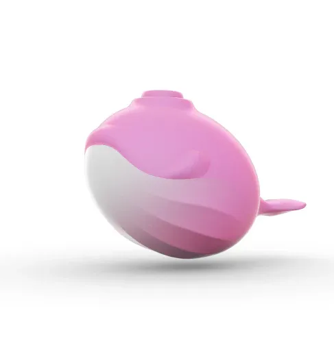 Pink and white whale-shaped clitoral sucker with smooth texture, playful design. Product appearance showcase.
