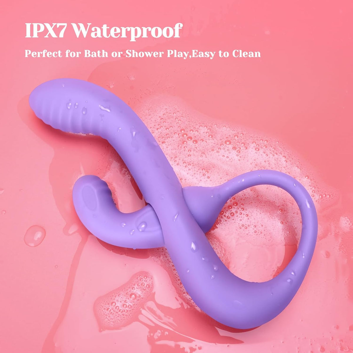 Purple transformable rabbit vibrator on pink background, IPX7 waterproof for bath or shower use