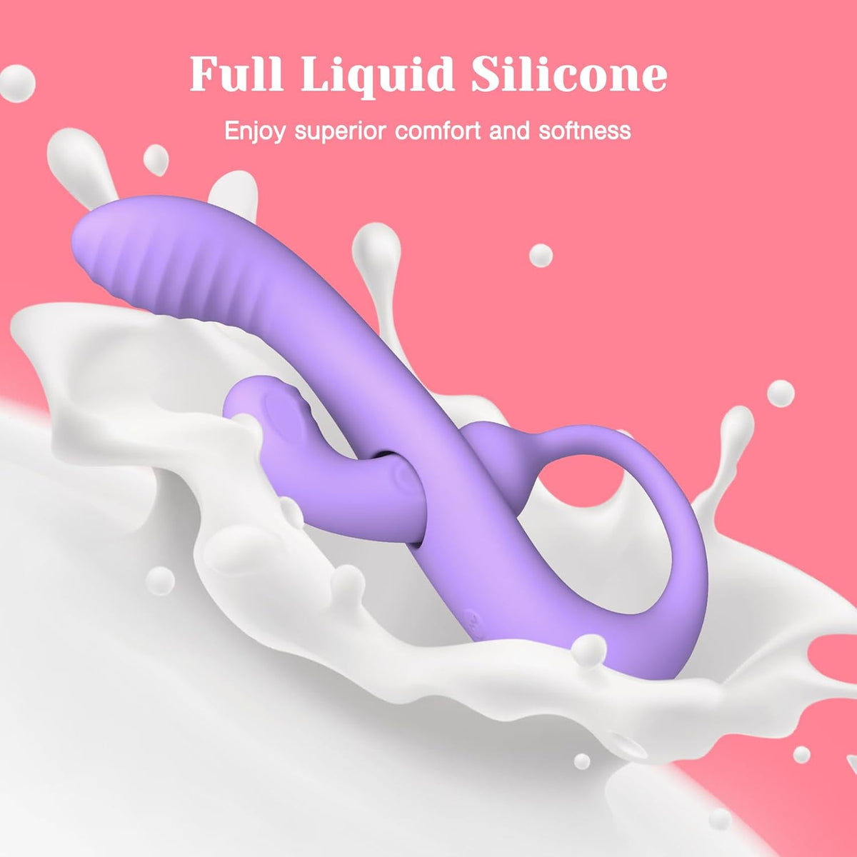 Purple full liquid silicone rabbit vibrator with loop handle on pink background