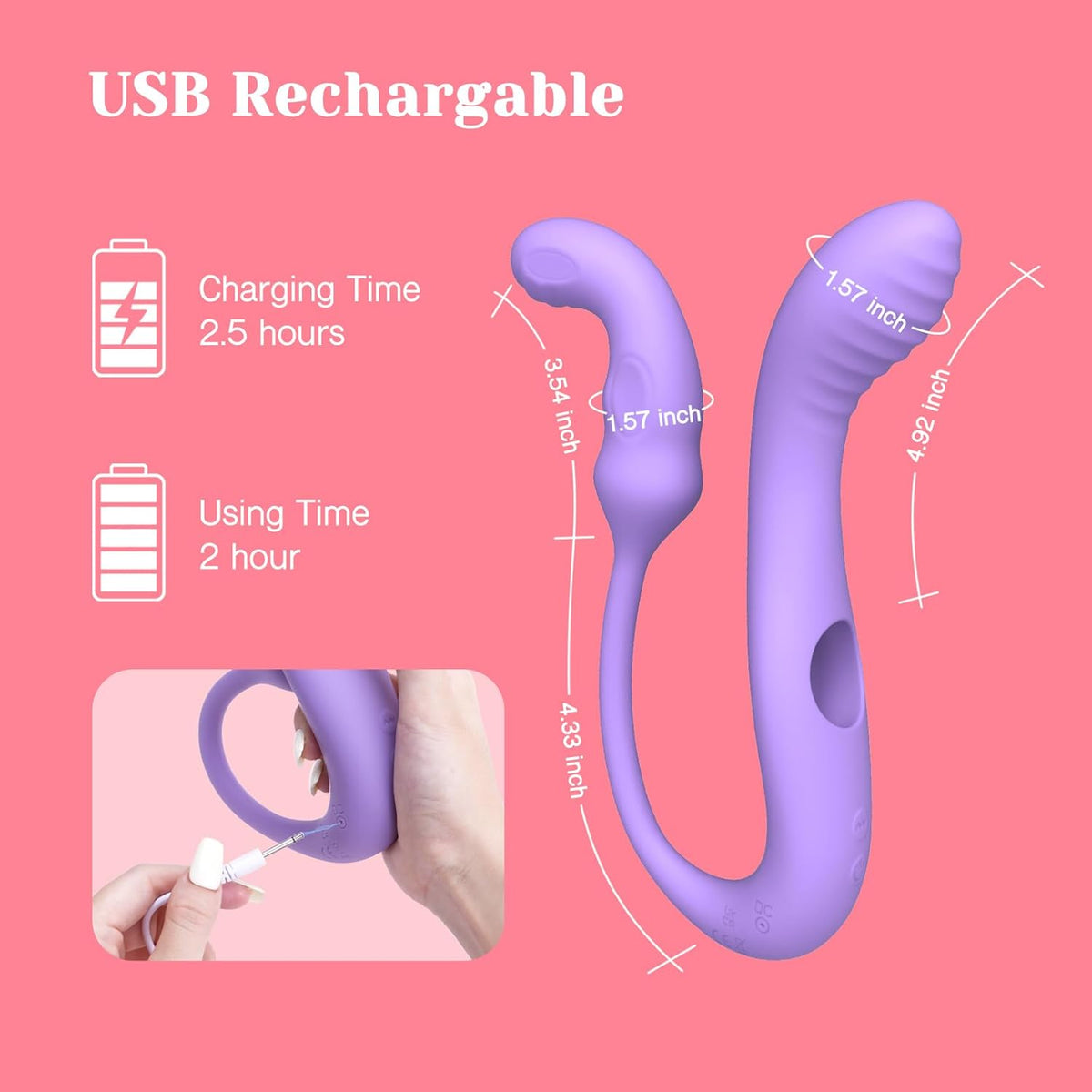 Purple USB rechargeable rabbit vibrator with flexible curved shaft, size measurements, and charging time details