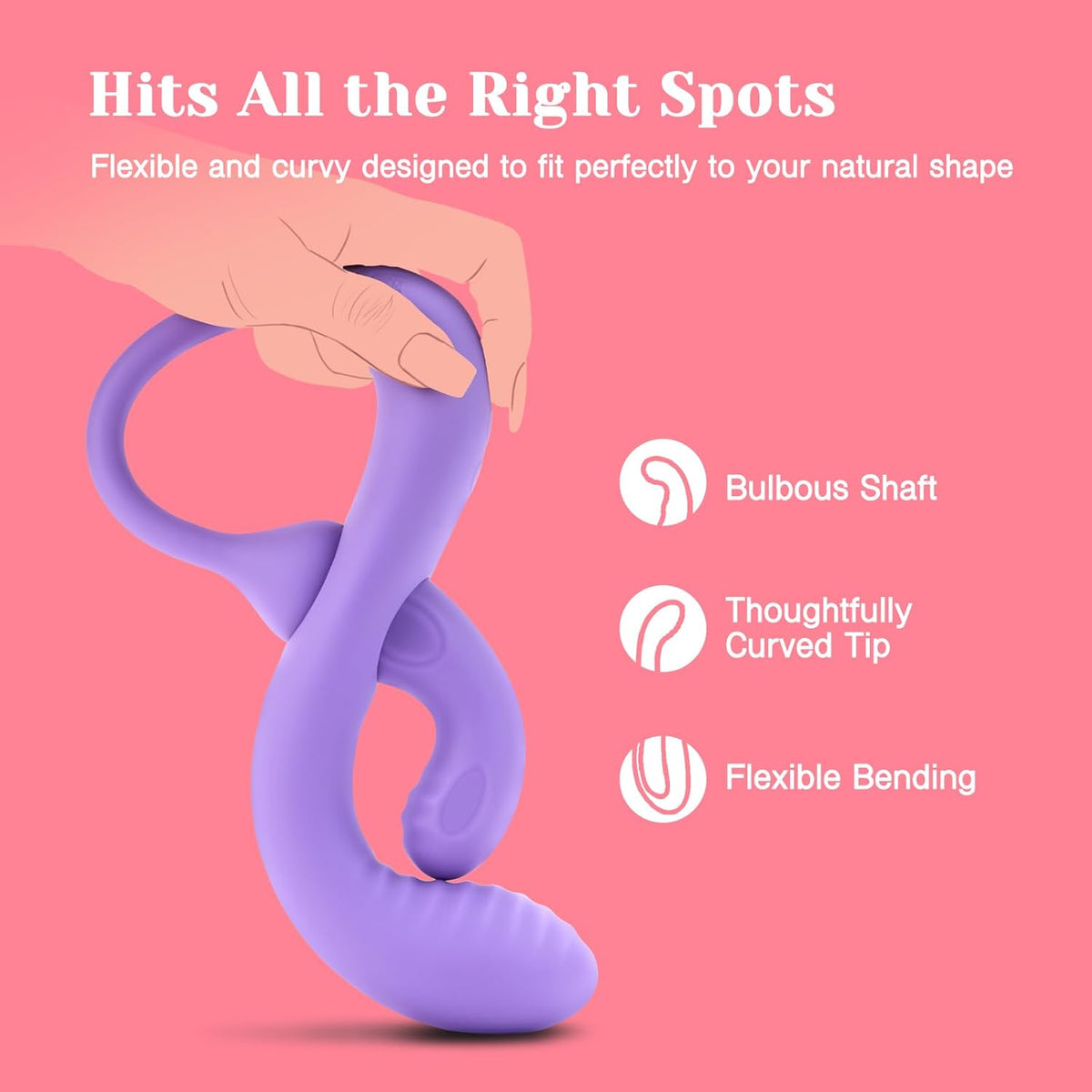 Purple flexible rabbit vibrator with bulbous shaft and curved tip on pink background