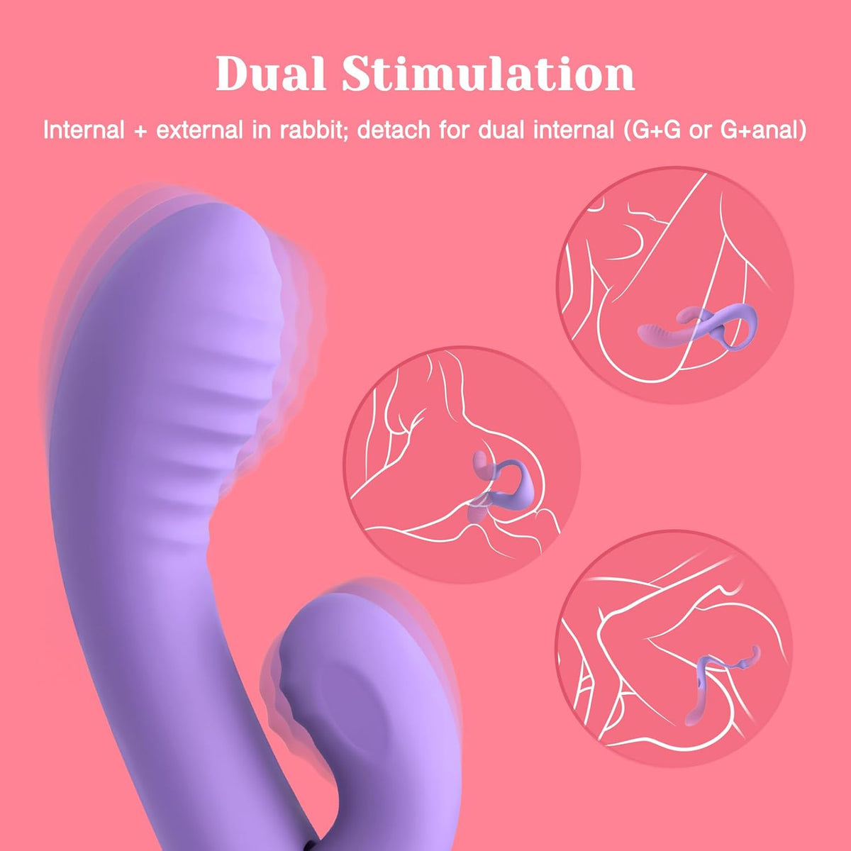 Purple rabbit vibrator showing dual stimulation with internal and external parts