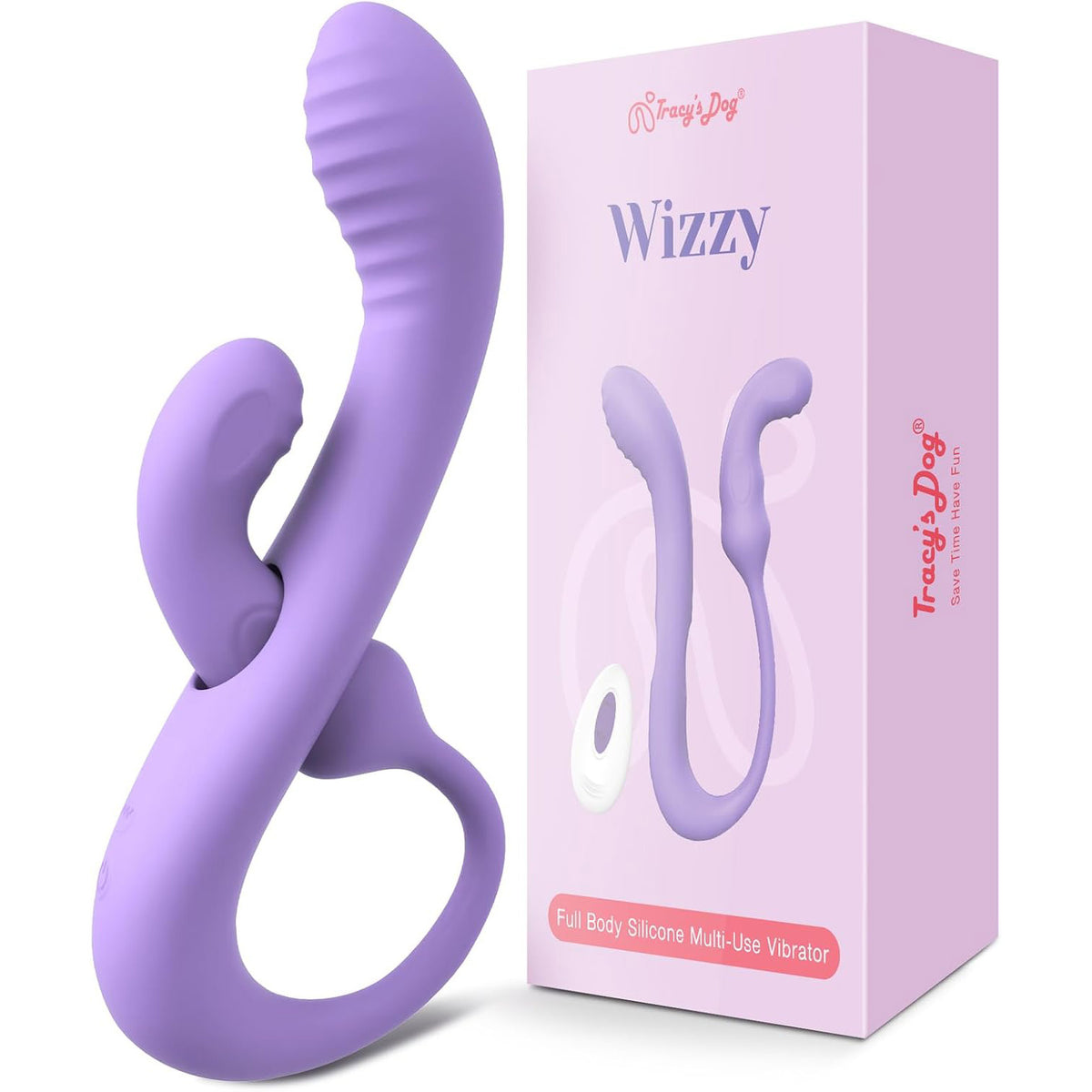 Purple transformable rabbit vibrator with silicone dual stimulation and loop handle