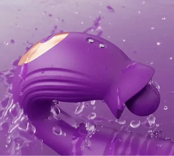 Purple silicone Ciro clitoral licking vibrator with curved ridged body and spinning flower head