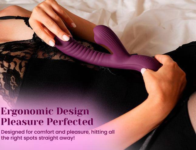 Purple 3-in-1 rabbit vibrator with ergonomic silicone design and curved shaft
