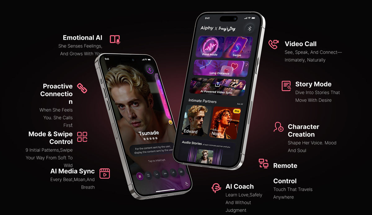AI pleasure app interface on two smartphones for Drillme and AI Beta bundle