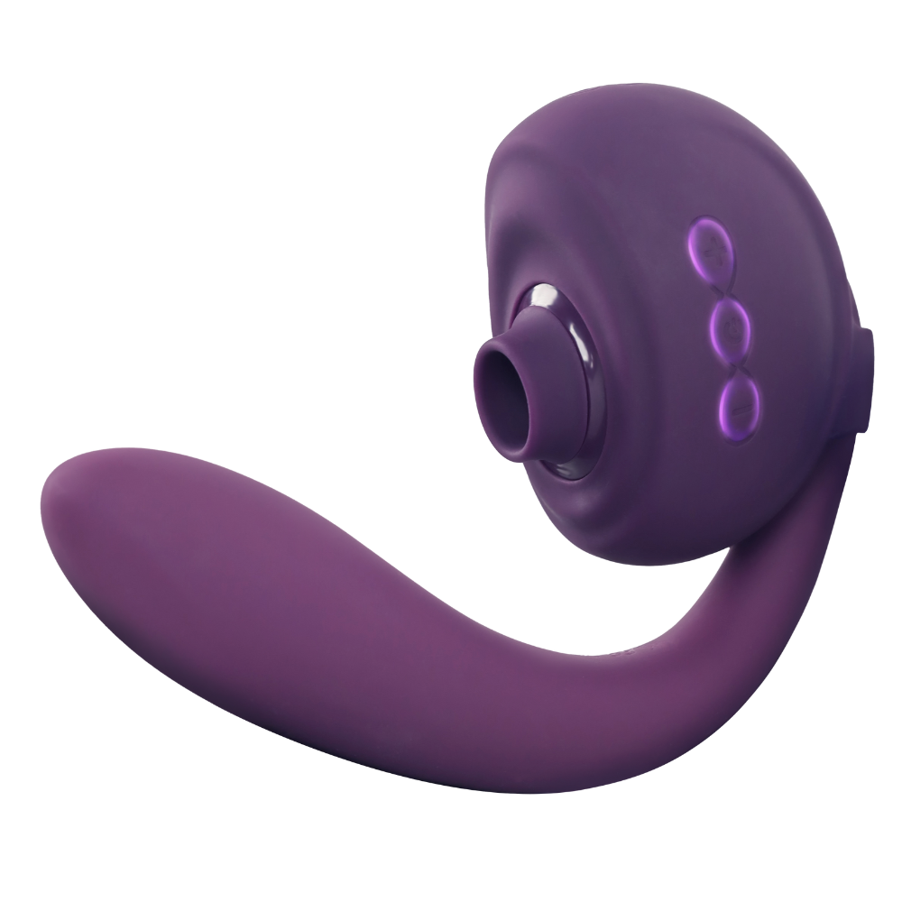 Purple sucking vibrator with curved silicone body and three-button controls