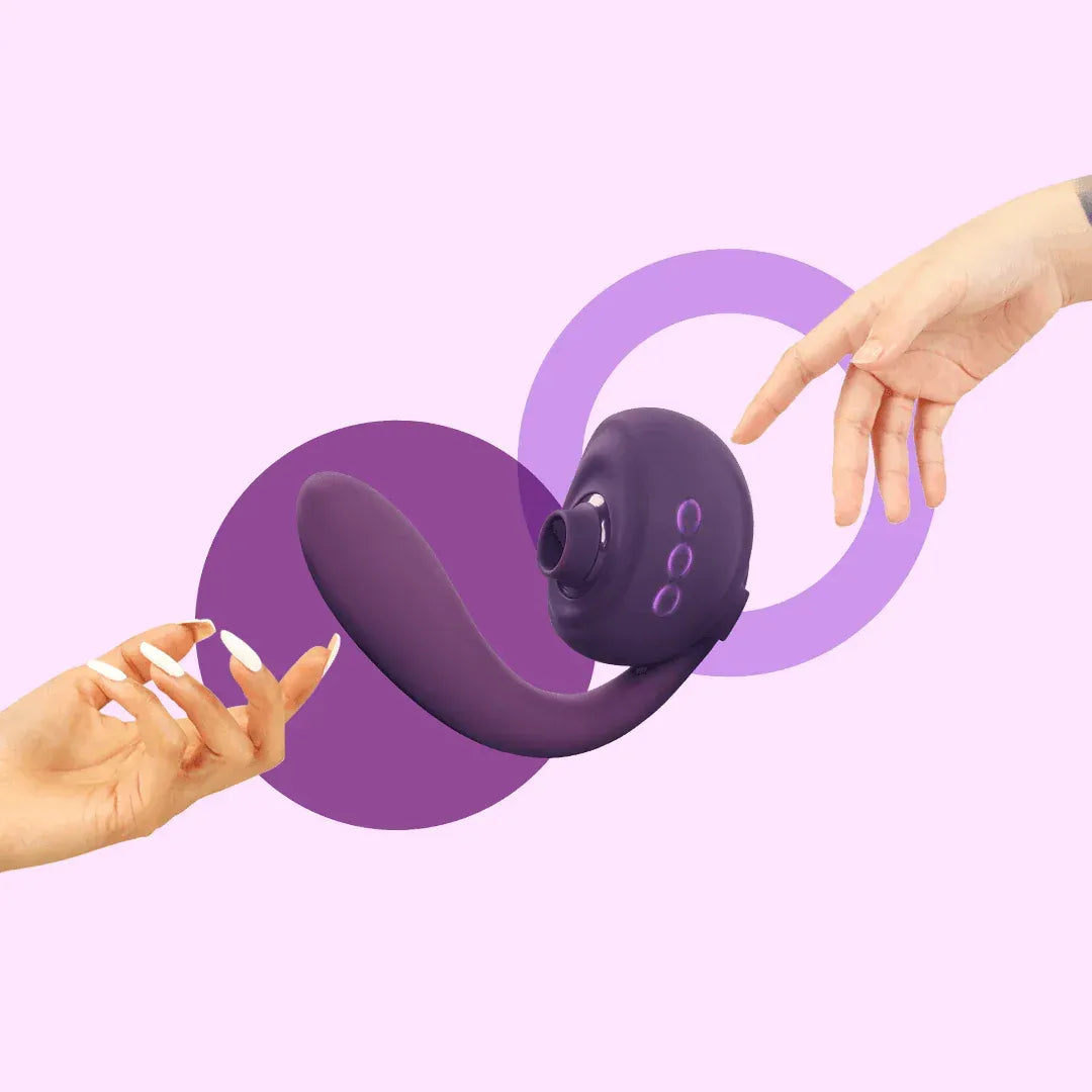 Purple OG 3 clitoral sucking vibrator with flexible shaft, shown in bent wand shape for dual stimulation