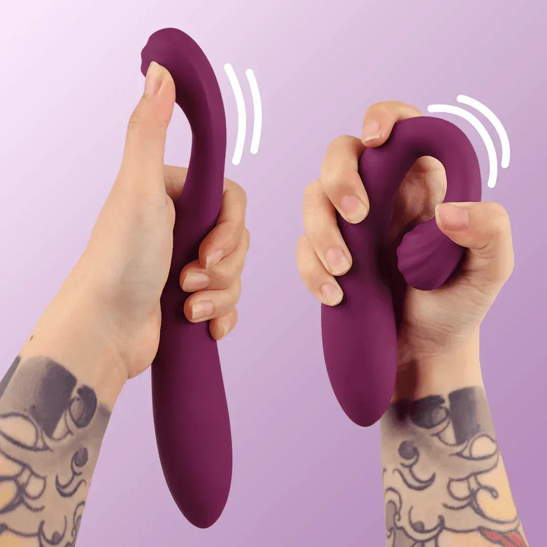 Purple bendable clitoral sucking vibrator shown in straight and curved shapes