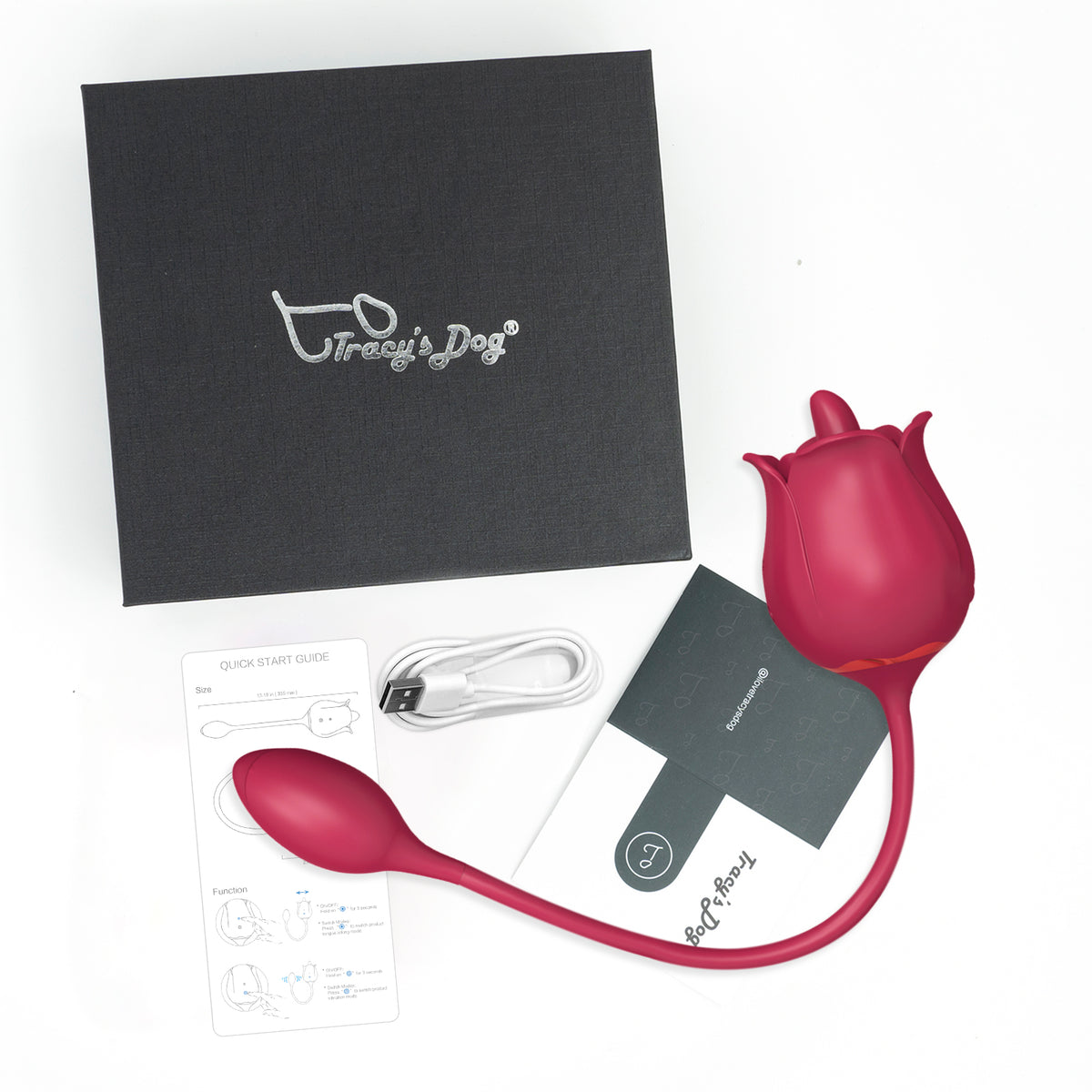 Rose clit licking vibrator set with red silicone toy, USB charger, guide, and gift box