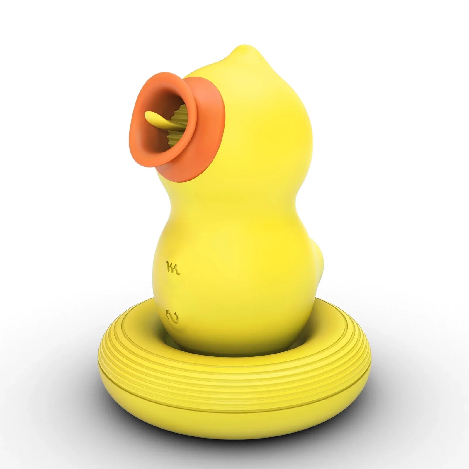 DucKing Sucking Licking Rubber Duck Vibrator, yellow duck toy with orange textured mouth on ribbed yellow base.