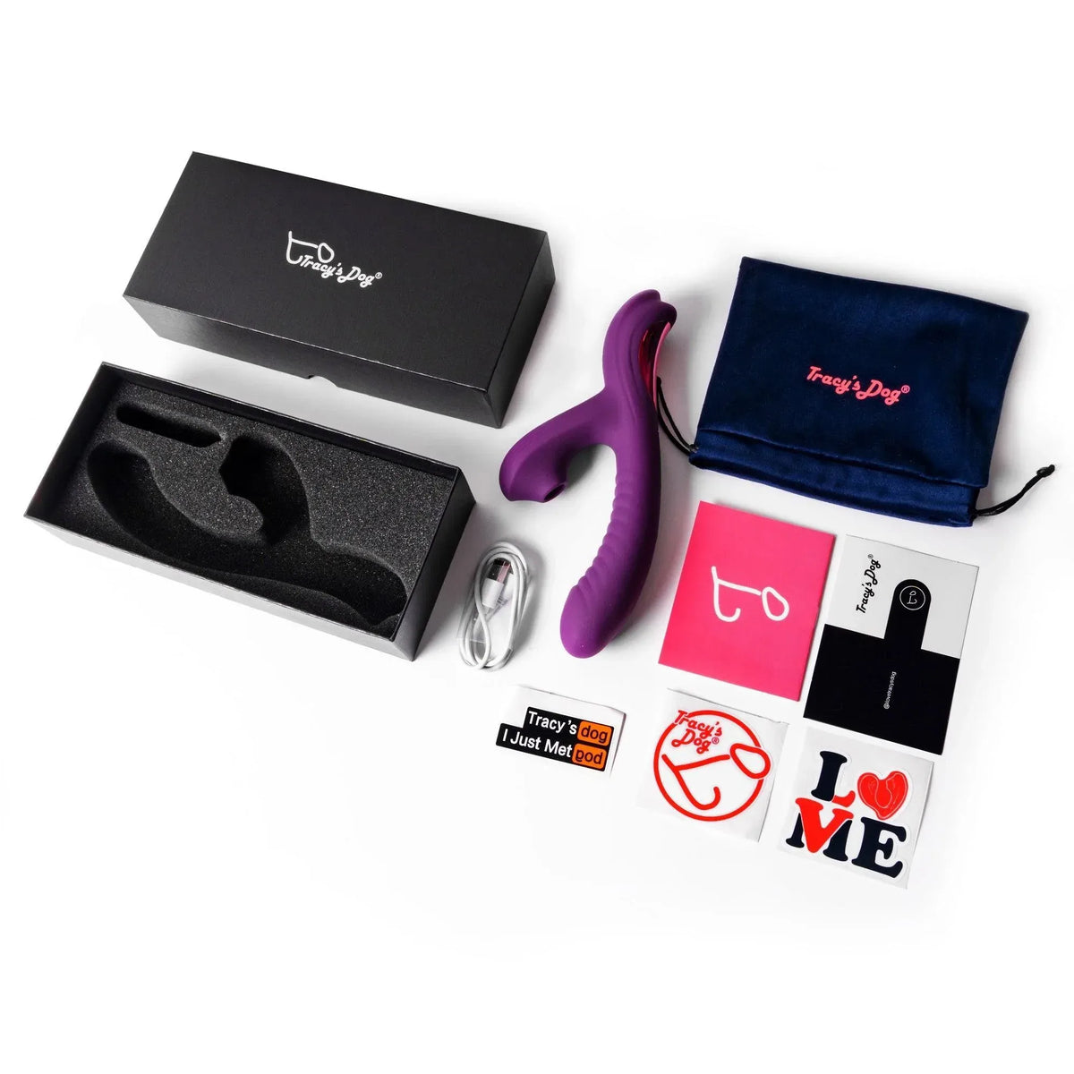Purple 3-in-1 rabbit vibrator set with USB cable, pouch, box and accessories