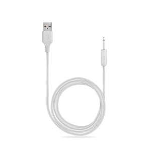 White USB to 2.5mm DC charging cable with silver connectors on a white background.