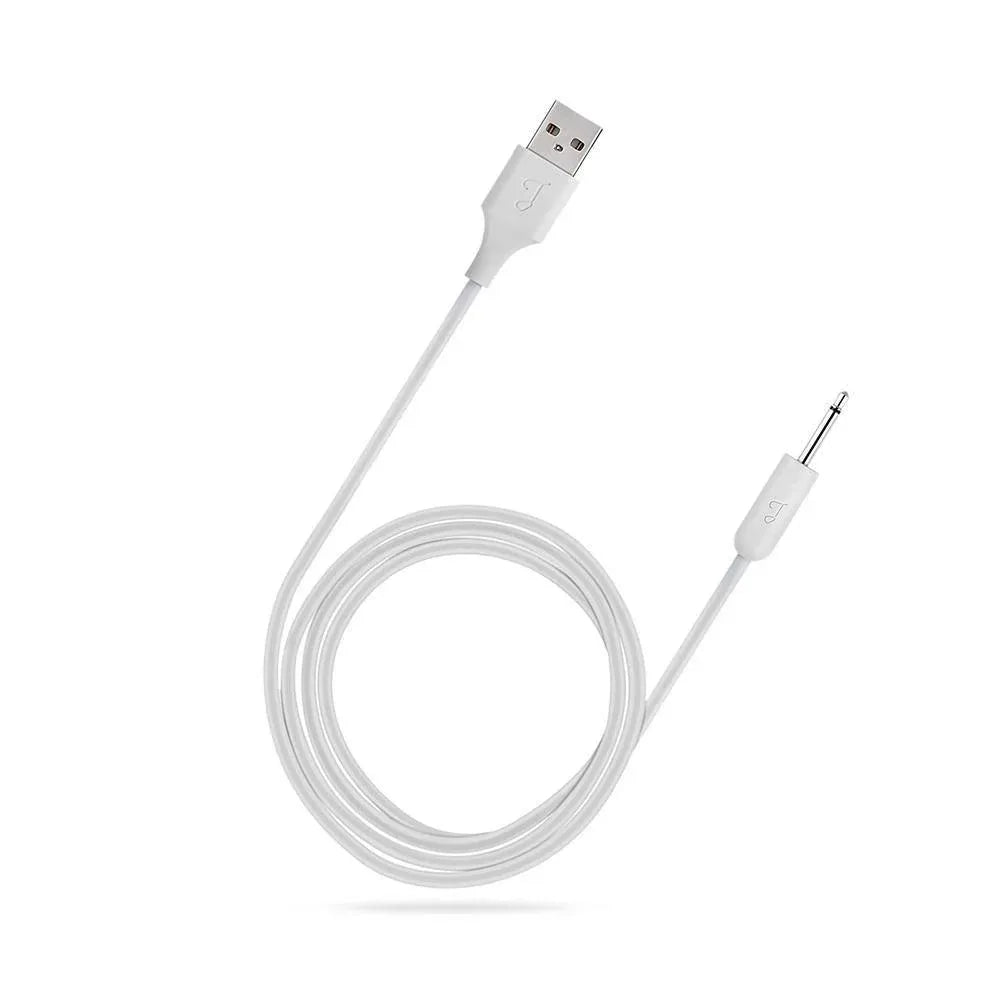 White USB to 2.5mm DC charging cable for wand massagers, coiled cord