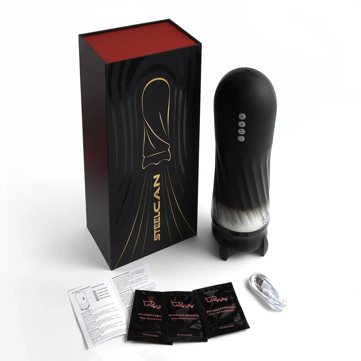 Steelcan automatic male masturbator with charging cable, lubricant, and manual