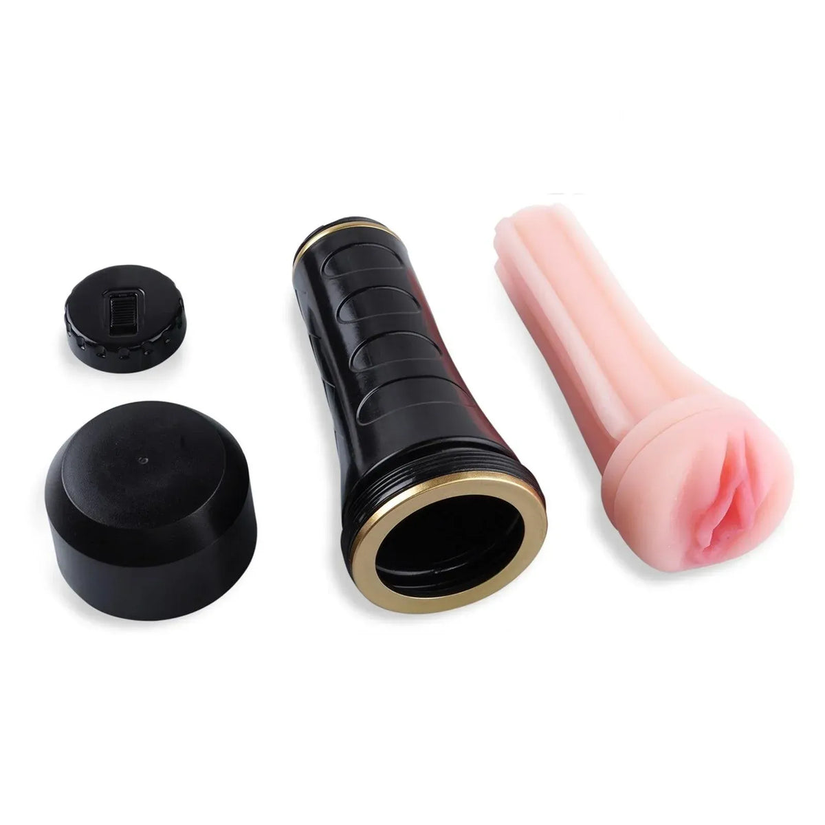 Black detachable TPE stroker with pink realistic sleeve and gold trim