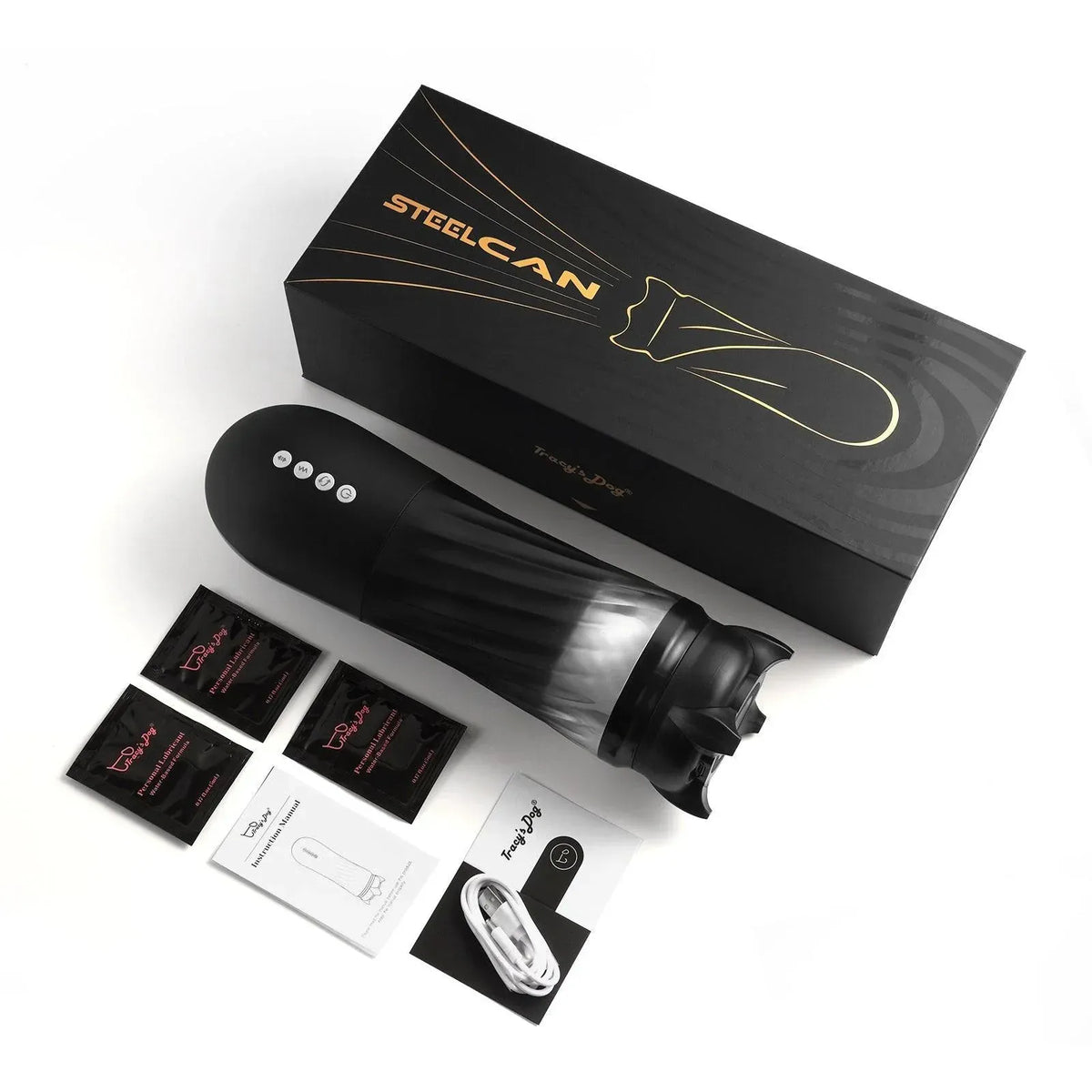Steelcan automatic male masturbator kit in black with charger, manual, and lubricant packs