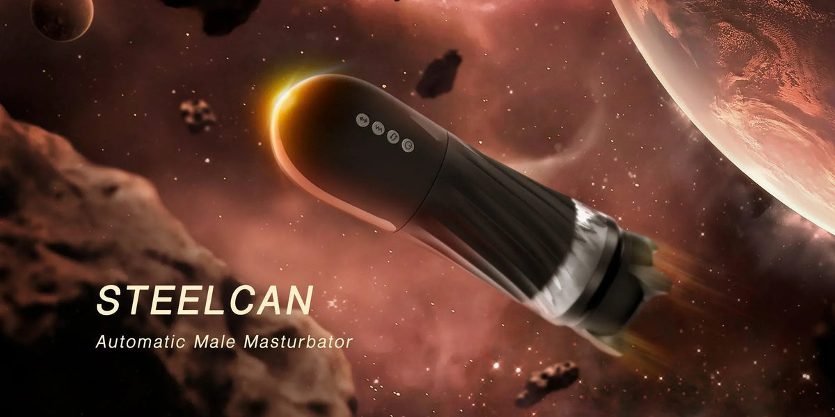 Steelcan automatic male masturbator, black textured body with control buttons, space-themed promo