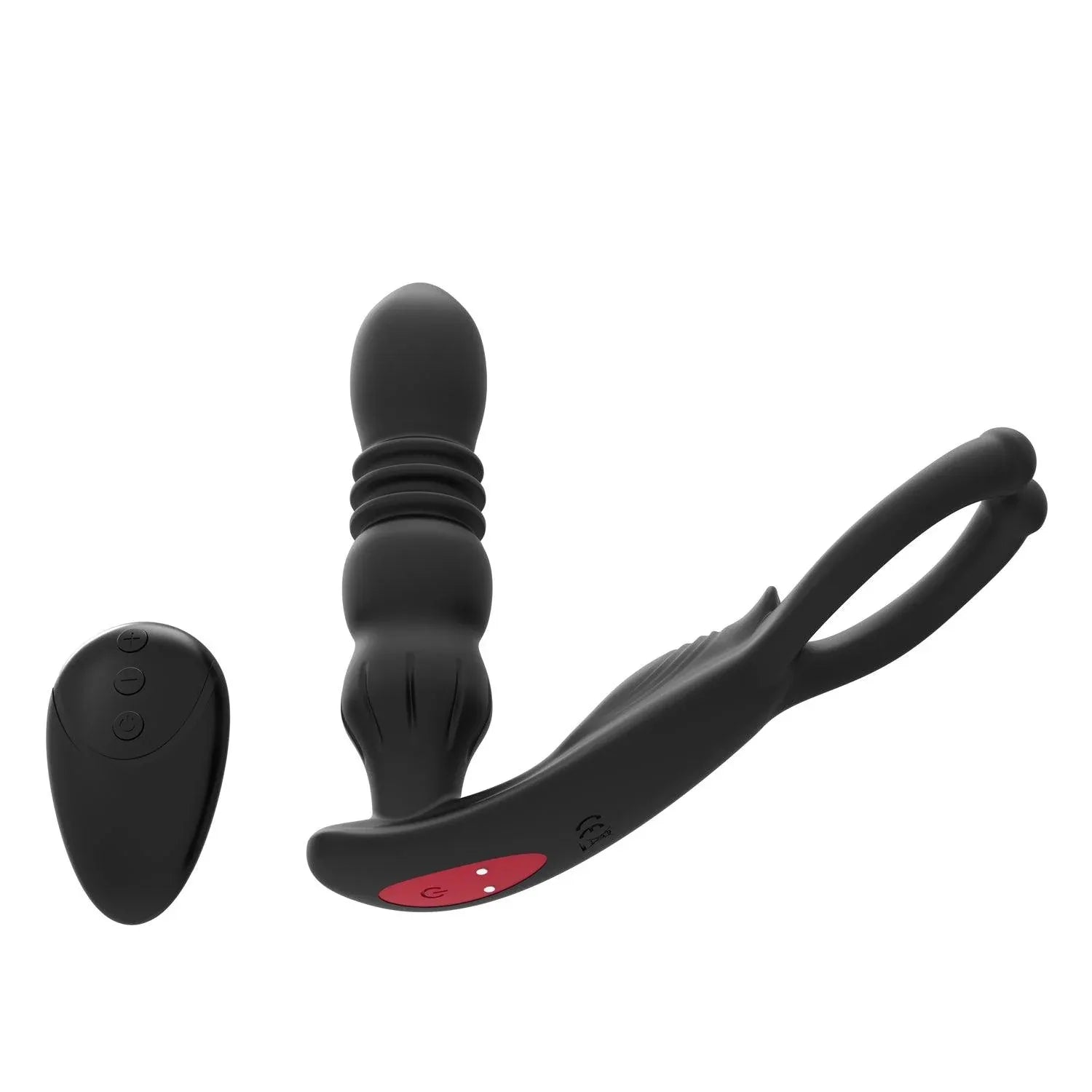 Black Ares cock ring butt plug with ribbed texture, dual-loop ring, and remote.