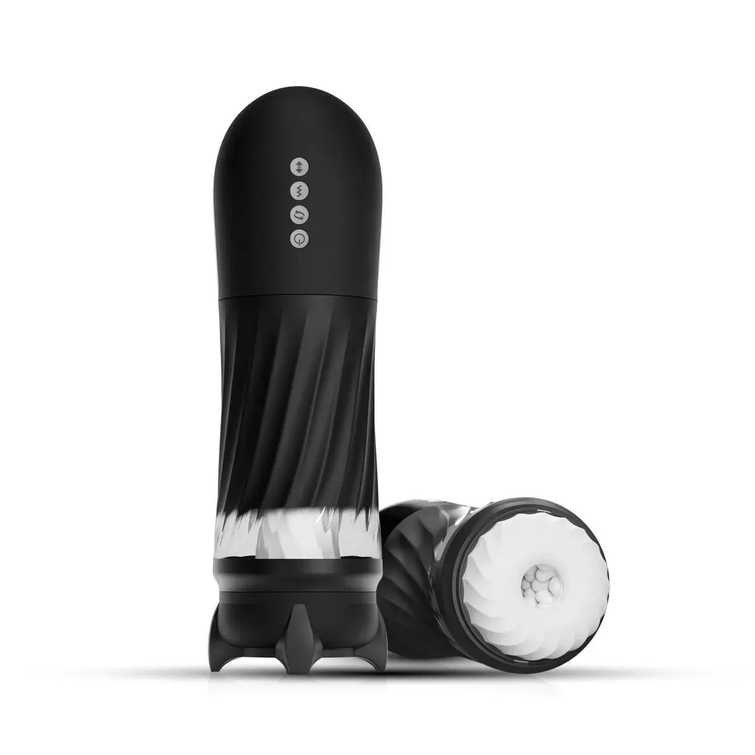 Black automatic masturbator with textured body, spiral interior, and control buttons. B2B product showcase.
