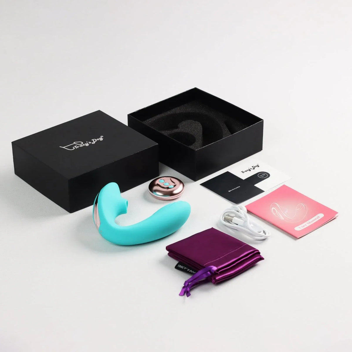 Tracy's Dog Juicy clitoral licking vibrator set with charger, manual, pouch and gift box
