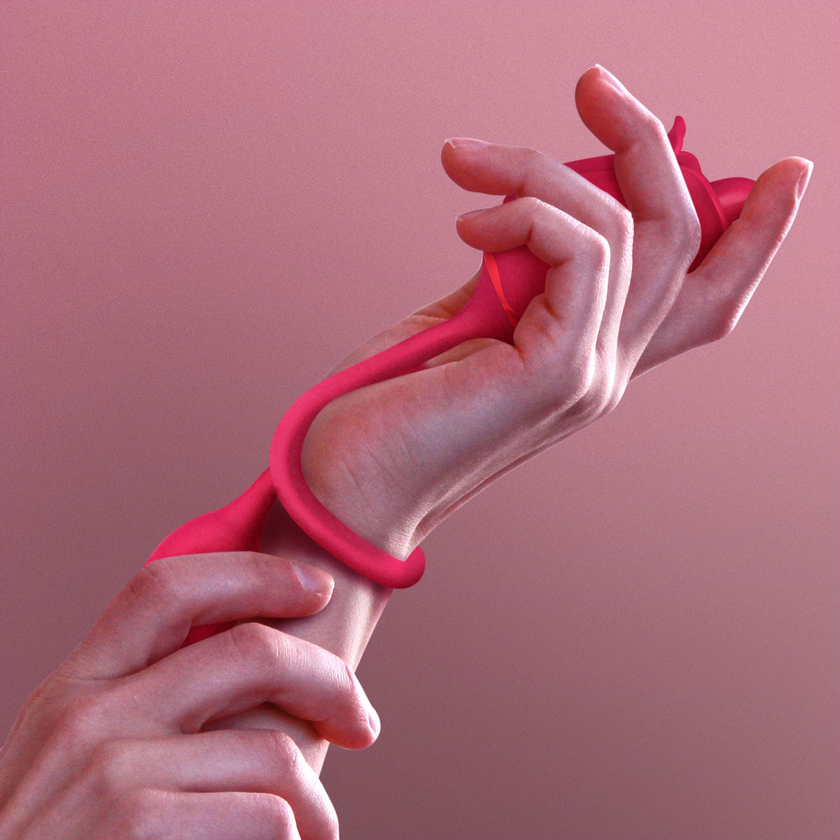 Pink rose clit licking vibrator in hands, flexible medical-grade silicone design